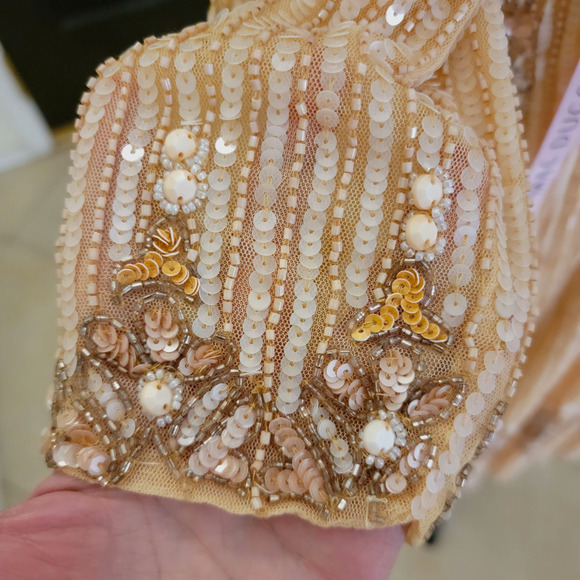 Mac Duggal 5576 Peach 18 Sequin Beaded Long Sleeve High Neck Midi Evening Dress - Picture 4 of 13